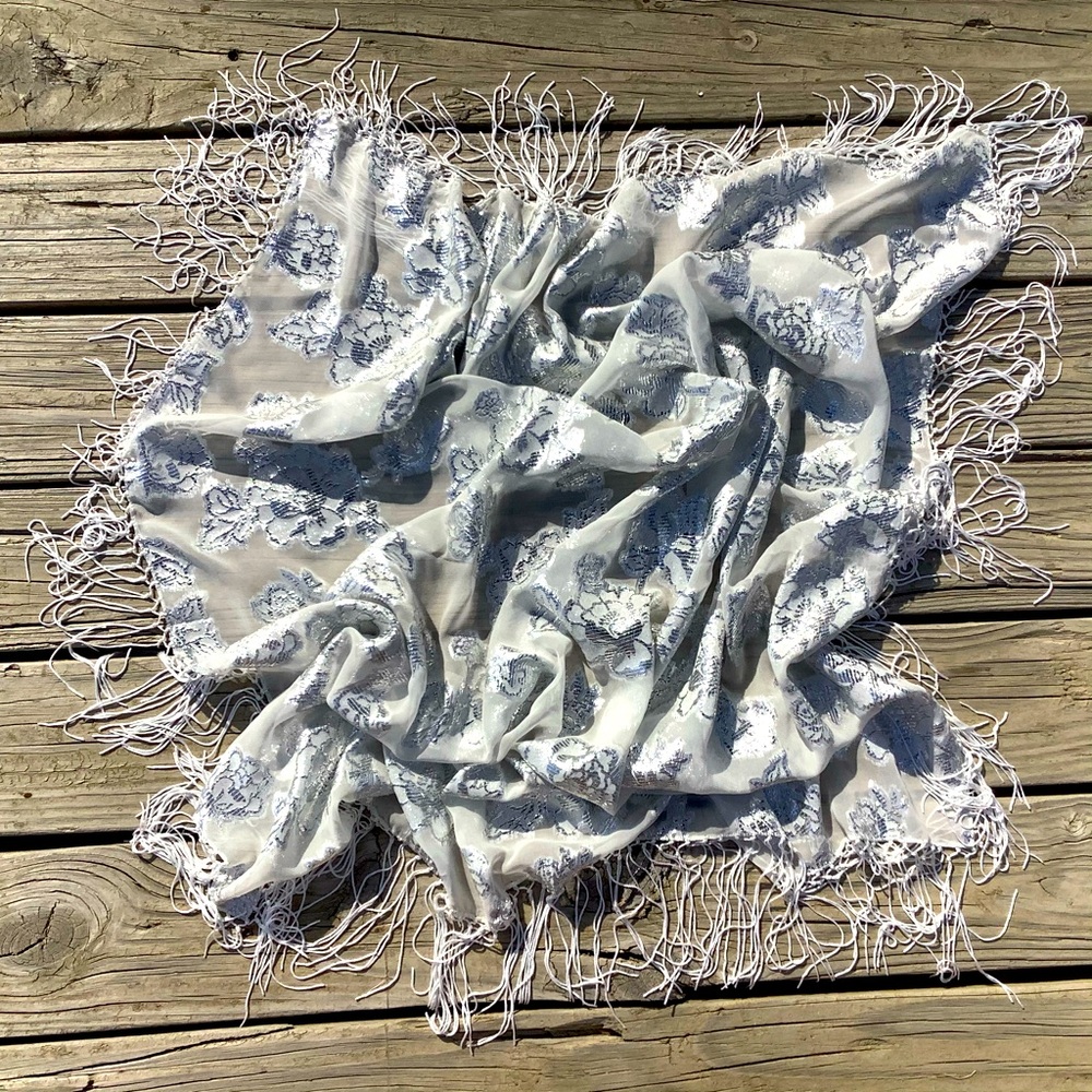 Pretty White Silver Silk Chiffon Scarf Square Bridal Orthodox Wedding Baptism